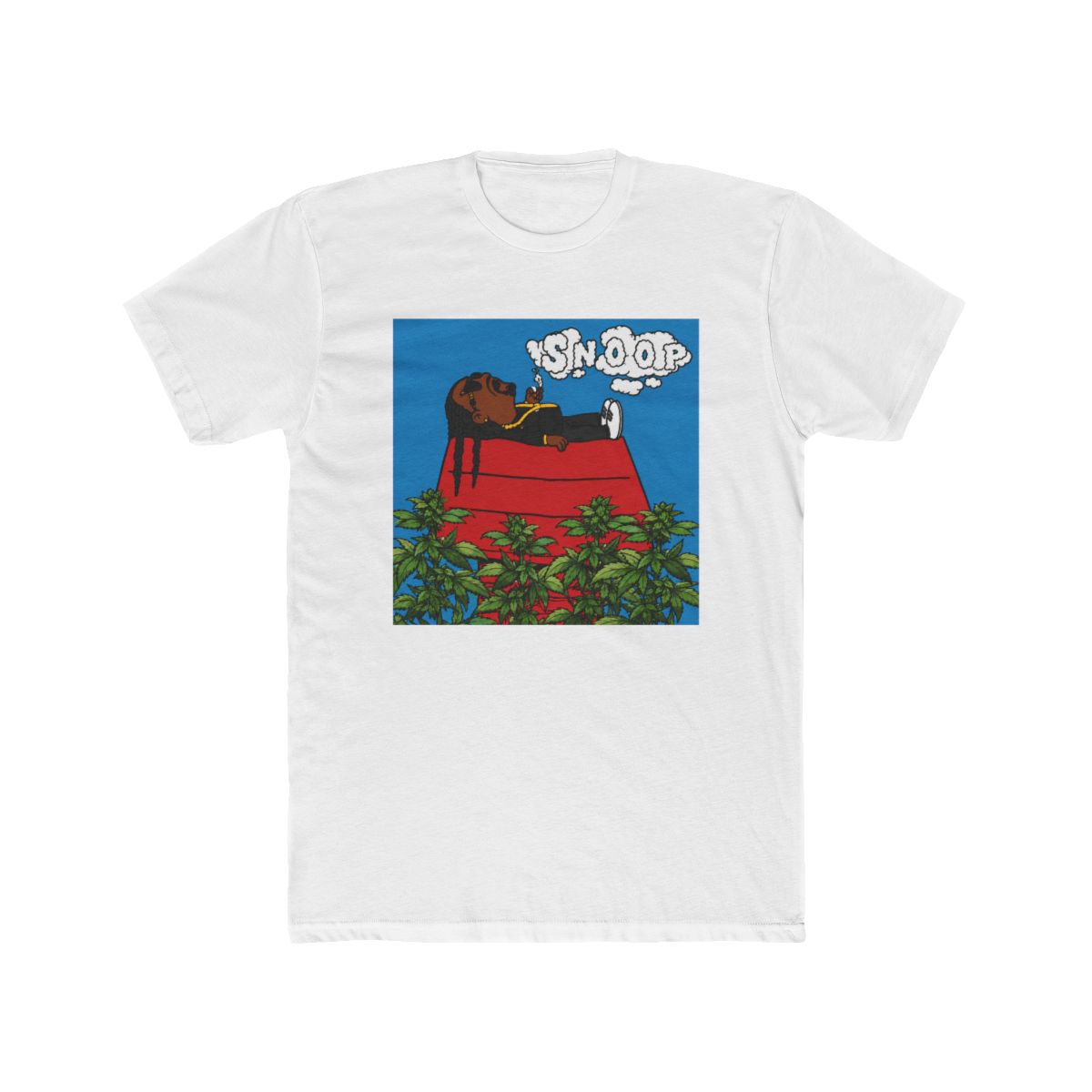 Black crew neck T Shirt with a cartoon illustration of Snoop Dogg on a red doghouse, with the word "SNOOP" above. The design includes green plants and a blue sky background
